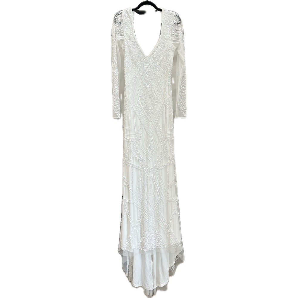 Lulus Long Sleeve Sequin Beaded Backless Maxi Dress Bridal Gown Wedding Size M